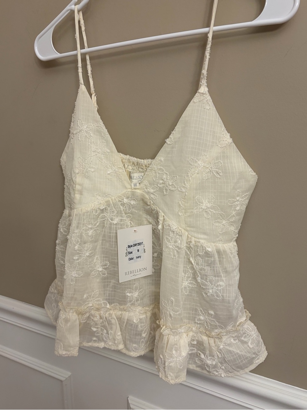 Rebellion Again Cream Embroidered Smocked Floral Cami NWT Coquette Romantic - Picture 2 of 8